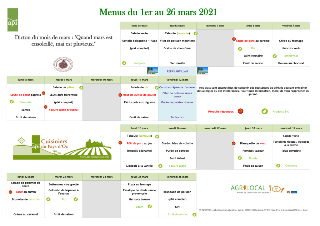 Menus de la Cantine Mars 2021